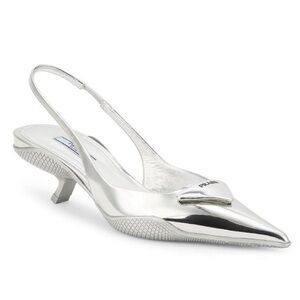 Prada Kitten Heel Slingback Point Toe Pumps Silver Mirrored Metallic Leather 8